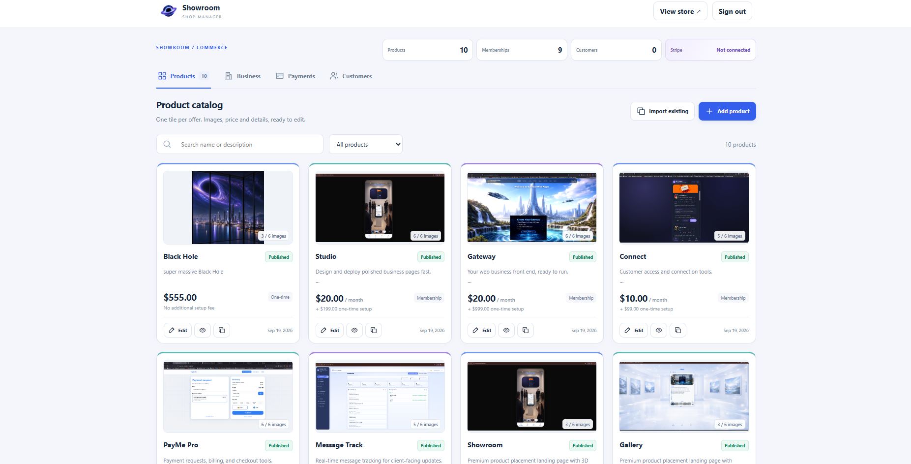 Showroom shop manager Products screen