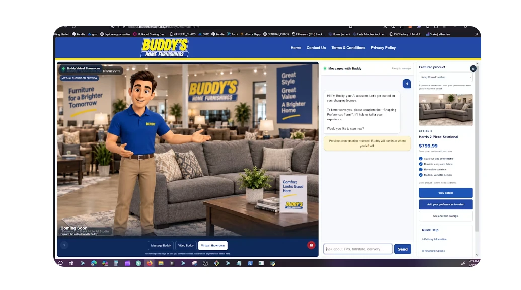 Buddy’s actual showroom with a conversational customer guide and furniture products