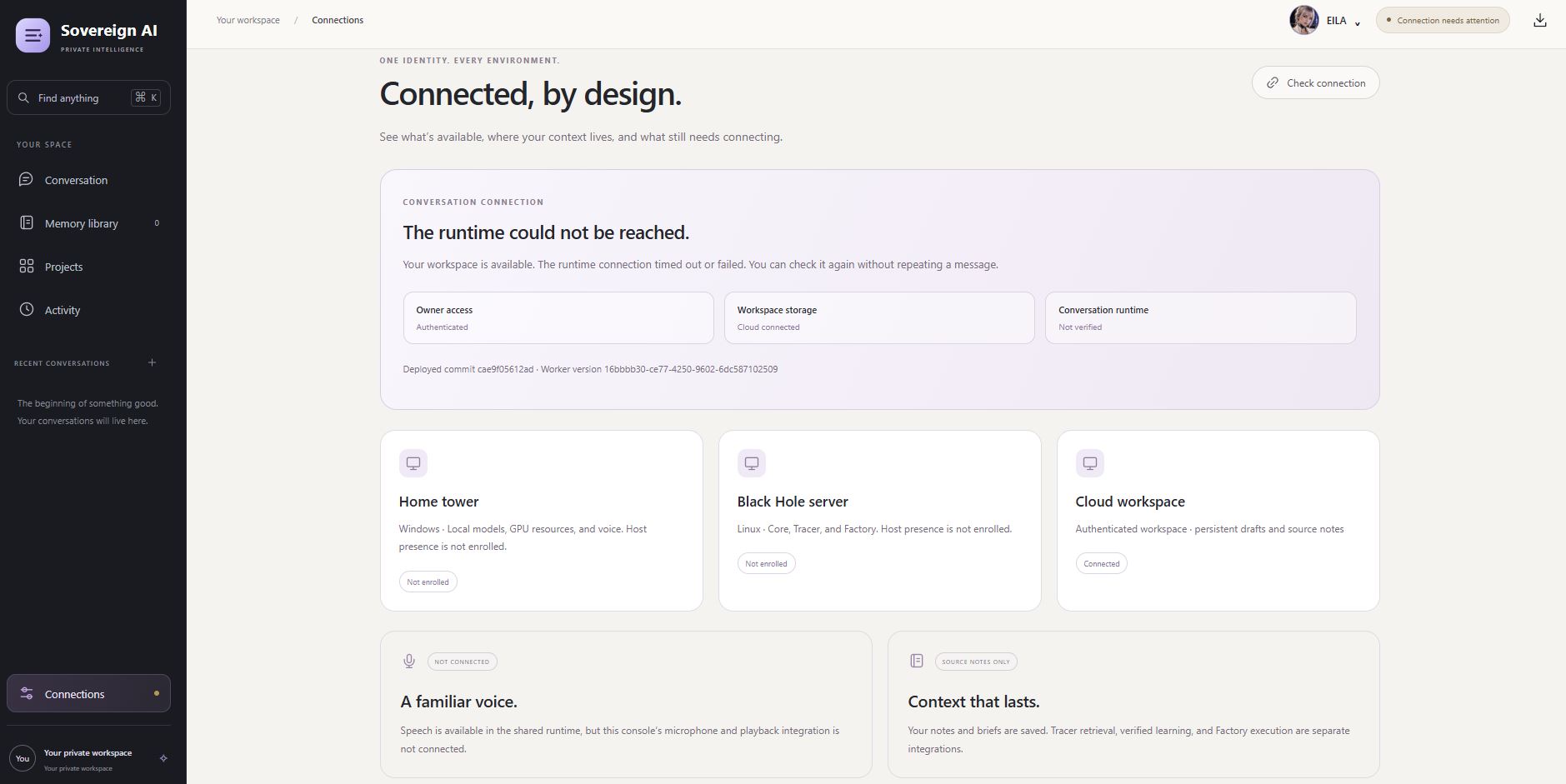 Sovereign AI development connections workspace showing owner access, storage and runtime connection states
