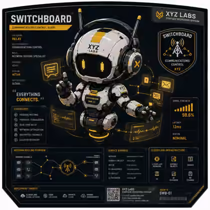 Relay, the original white, black and gold Switchboard communications robot from XYZ Labs